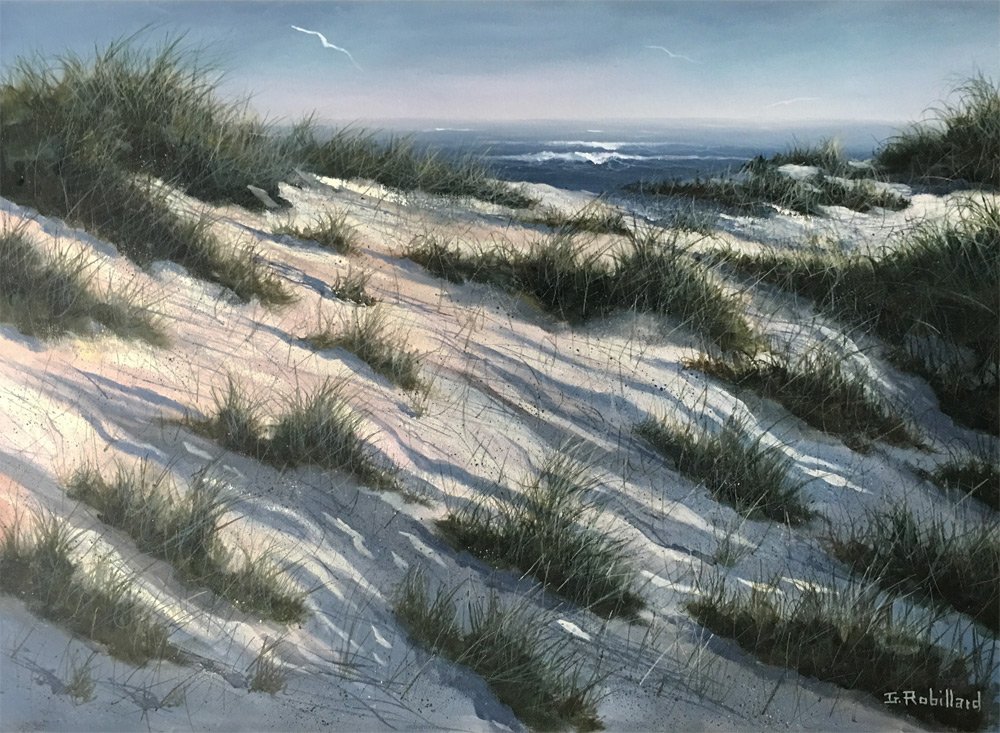 LARGE GERALD ROBILLARD DUNES PAINTING: ROBILLARD, Gerald, (American, 20th Century): Sand Dunes, Acrylic/Canvas, 30" x 40", signed lower right, framed 34.5" x 44". An extraordinary use of color to create shadows and light. Comparable works 