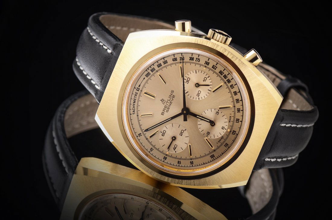 BREITLING CHRONOGRAPH GOLD PLATED MENS WATCH: MENS BREITLING WRISTWATCH: Breitling 3 Register Chronograph model 1451. Yellow gold plated case, stainless steel back. Gold tone Dial with gold bar markers. Outer tachymetre track with black Arabic nu