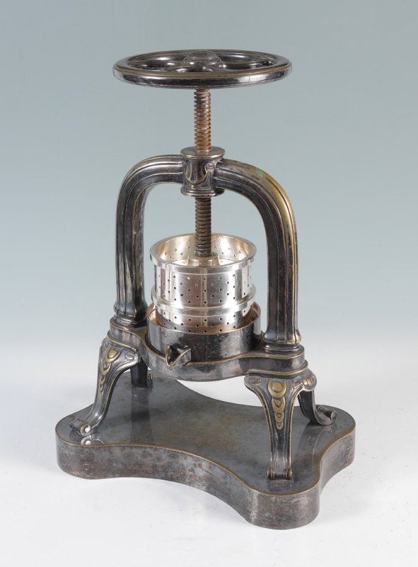 EARLY 20TH CENTURY SILVERPLATE DUCK PRESS: EARLY 20TH CENTURY SILVERPLATE DUCK PRESS: Heavy silverplate duck press with interior components, on base. No visible makers mark, overall measures 19'' h. x 14 1/4'' x 9 1/4''.