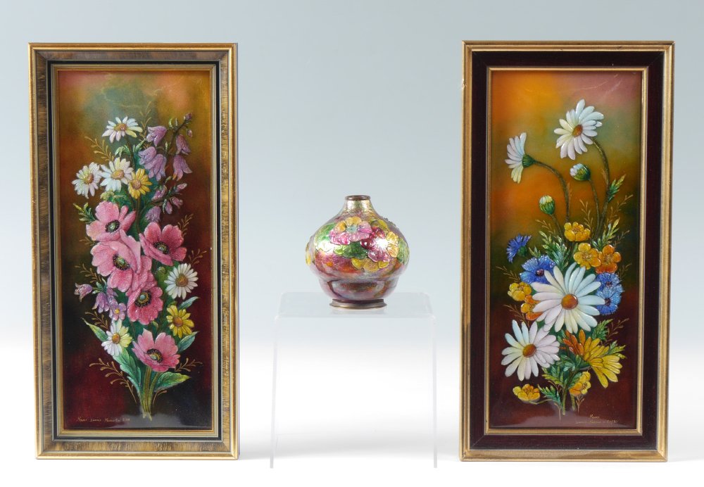 3 PIECE CAMILLE FAURE FRENCH ENAMEL ON COPPER: FAURE, Camille, (French, 1872-1952): 3 enamel on copper items to include 1) Diminutive bulbous relief floral decorated vase, signed C. Faure, Limoges, France, 3 1/2'' h. x 3 3/8''. 2-3) Pair of floral