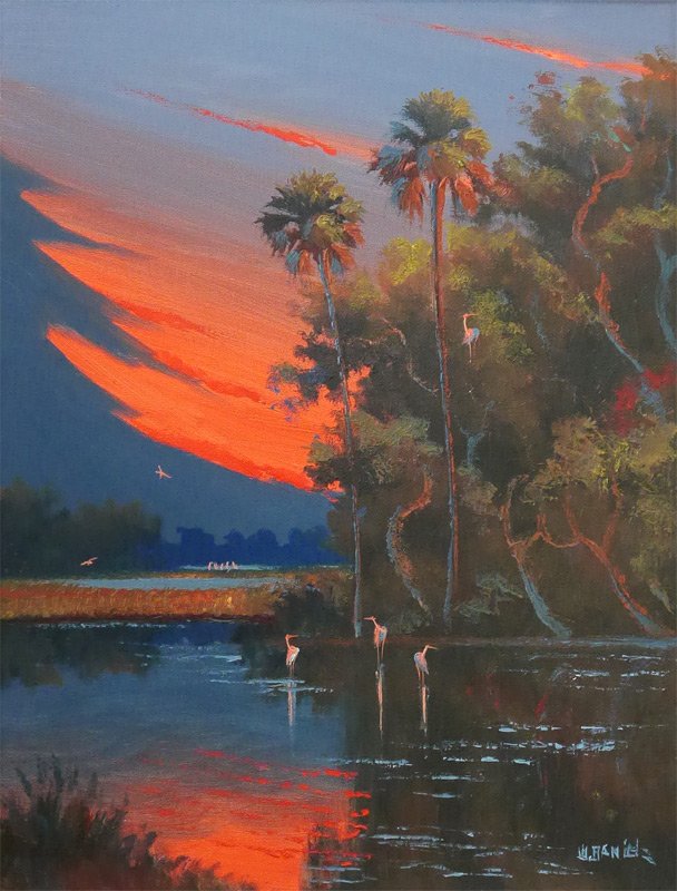 WILLIE DANIELS FLORIDA HIGHWAYMEN PAINTING: DANIELS, Willie, (American, born 1950): Florida Highwaymen ''Fire Sky'' Backwaters Landscape, Oil/Canvas, 20'' x 16'', framed 25'' x 21''.