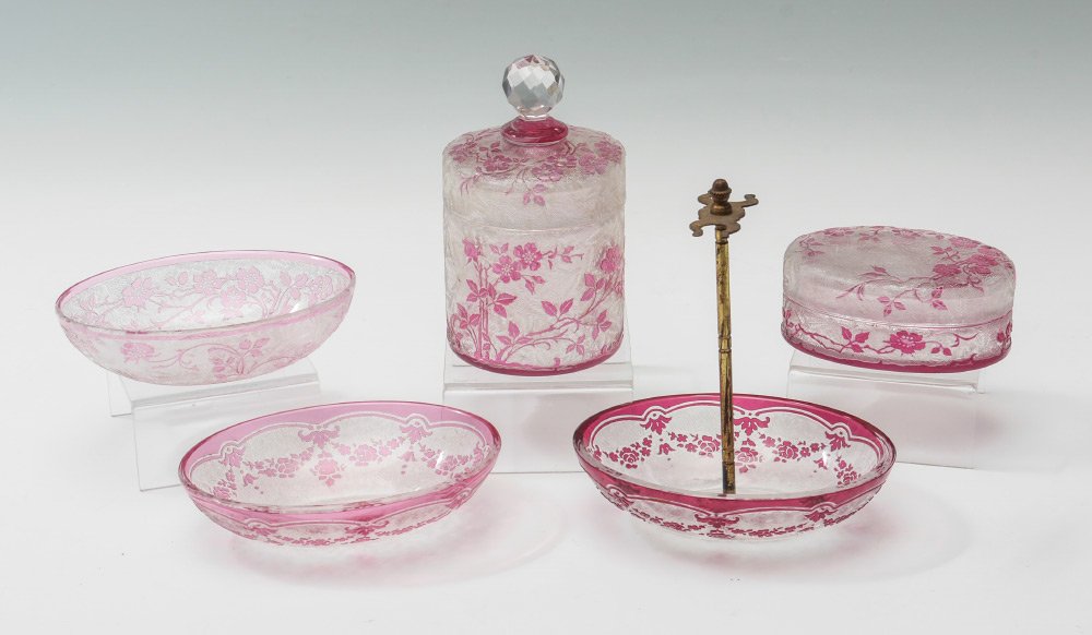 5 VAL ST. LAMBERT FRENCH CAMEO DRESSER ITEMS: 5 VAL ST. LAMBERT FRENCH CAMEO DRESSER ITEMS: 5 assembled piece with similar, but not all identical floral patterns to include 1) Signed oval dish, 1 1/4'' h. x 5''. 2) Signed toothbrush holder 5 1/2'