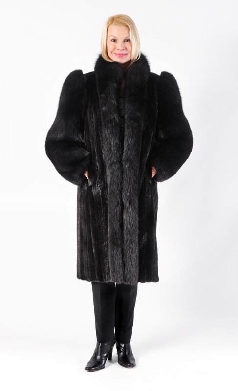 BLACK MINK & FOX FUR FULL LENGTH COAT: FULL LENGTH BLACK MINK AND FOX FUR COAT: Mink coat with fox trim, stand up collar and sleeves. Maintained in cold storage. Measures approx. 40'' collar to hem, 18'' shoulder to shoulder and 23'' shoul