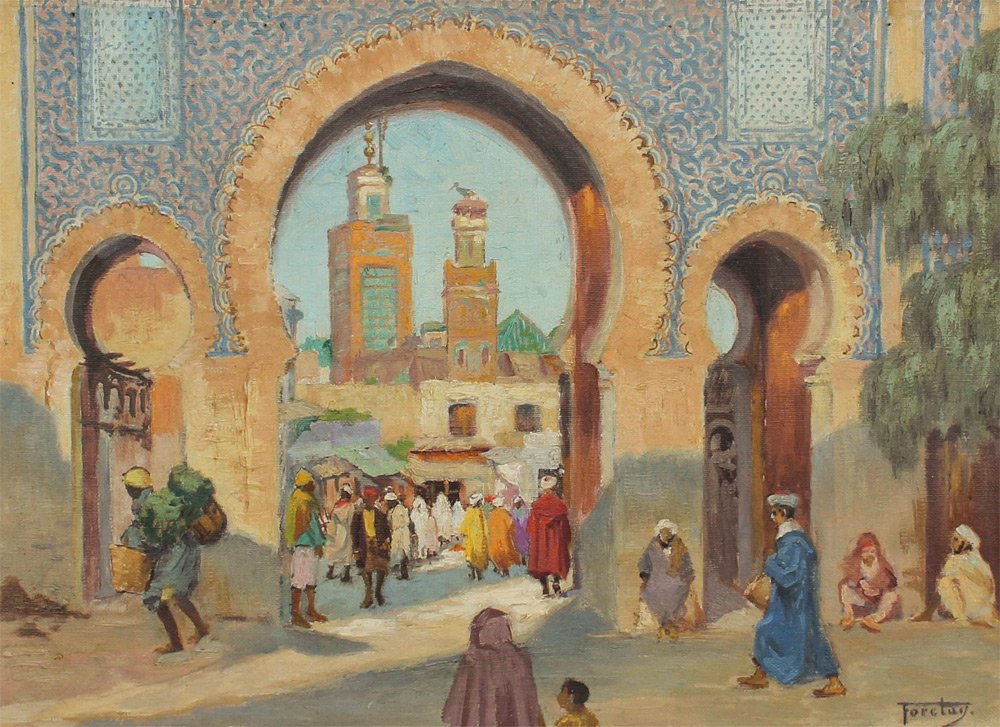 ALFRED JEAN FORETAY PORTE DE BOUGELOUD ORIENTALIST: FORETAY, Alfred, (Swiss, 1861-1944): "Bab Boujloud", Fez, Morocco, Oil/Canvas, 13" x 18", signed lower right, framed 19.5" x 24", Christie's label affixed verso from prior sale. Foretay began his arti