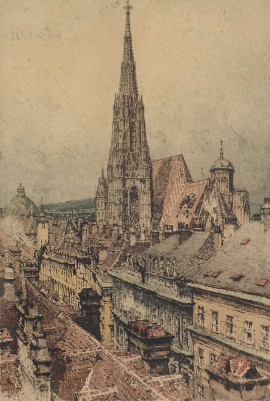LUIGI KASIMIR EUROPEAN CATHEDRAL ETCHING: KASIMIR, Luigi, (Austro-Hungarian, 1881-1962): View of European City with Cathedral, Color Etching, sight size 16" x 11", pencil signed, framed 23.5" x 18.25". Kasimir was known for his etchings and w