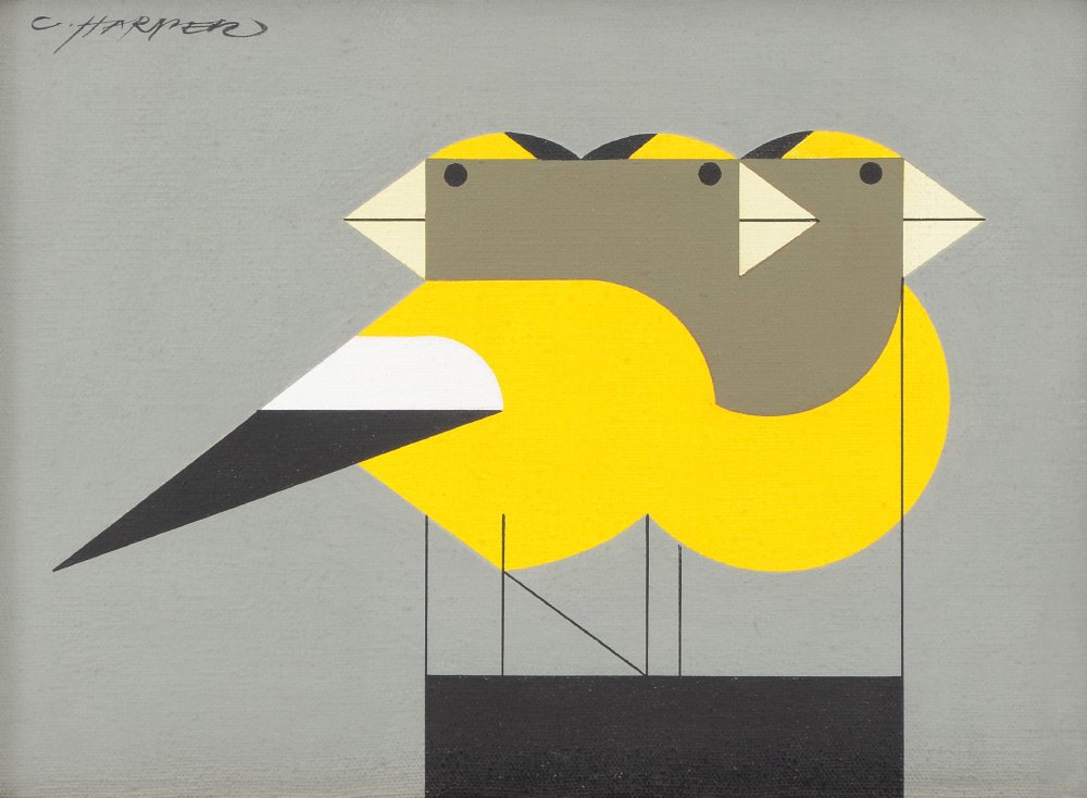 ORIGINAL CHARLEY HARPER PAINTING EVENING GROSBEAKS: HARPER, Charley, (American, 1922-2007): Evening Grosbeaks, Oil/Canvas Mounted to Board, 8.5\" x 11.75\", signed upper left, original period frame 14\" x 17.25\".