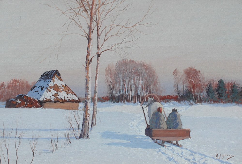 ANDREI EGOROV WINTER SLEIGH PAINTING: EGOROV, Andrei, (Russian, 1878-1954): Peaceful Winter Meadow Scene with Lone Horse Drawn Sleigh Approaching a Domicile, Gouache, sight size 11.5" x 18", signed lower right, framed, 21.5" x 27.25". Ego