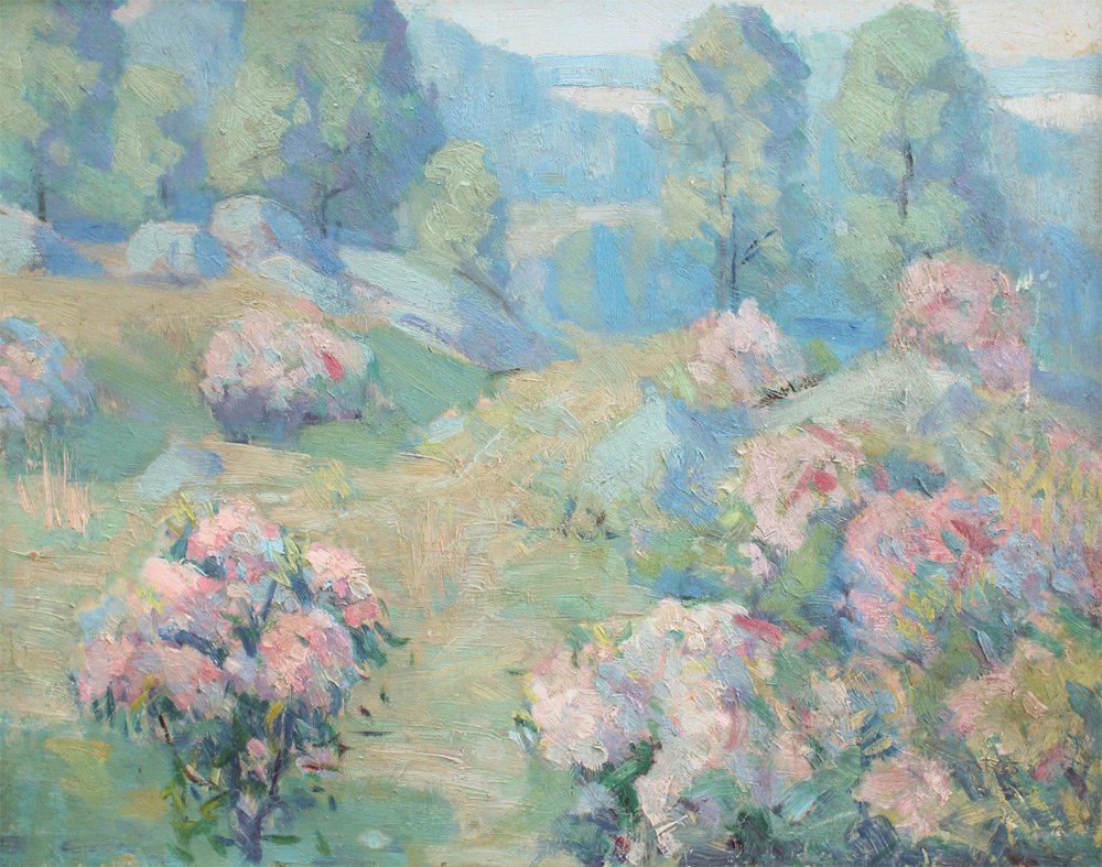 KENNETH BATES PAINTING "LAUREL TIME" 1922: BATES, Kenneth, (American, 1895-1973): "Laurel Time", Lush Landscape Abloom, Oil/Board, 11" x 14", incised signature lower right, titled verso, painted frame, 13" x 15.75".