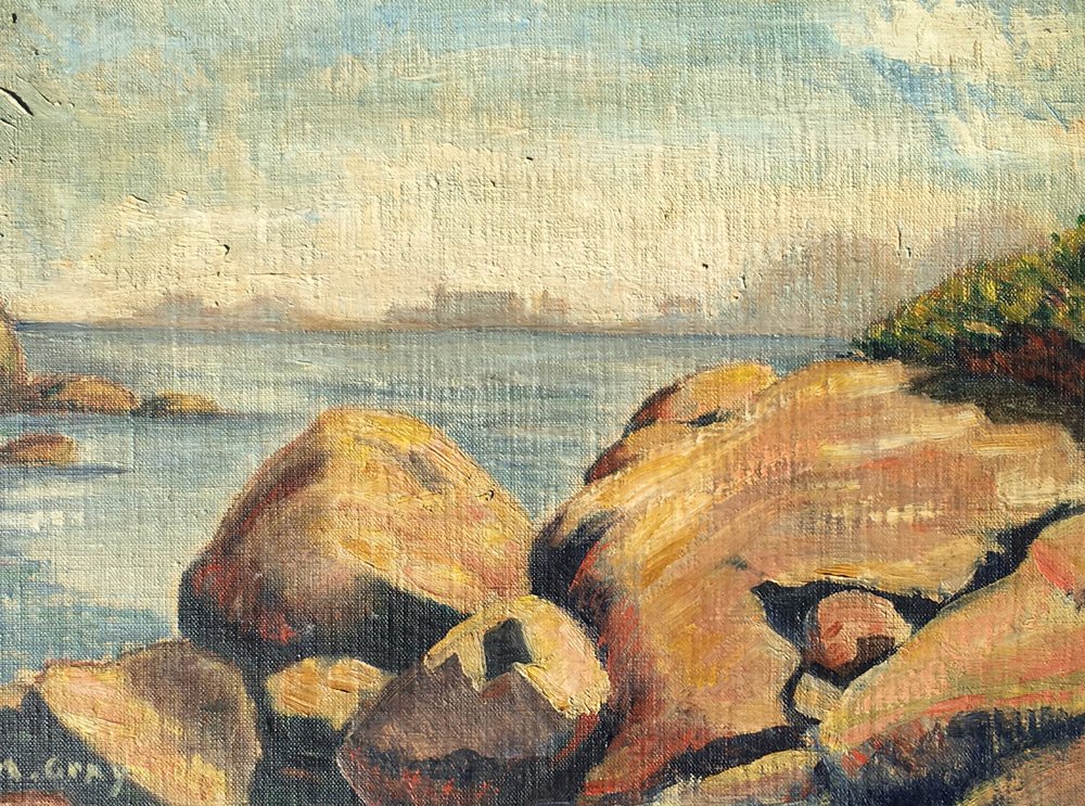 MARION GREY BRADLEY MASON'S ISLAND PAINTING: BRADLEY, Marion Grey, (English, 1946-): "Along The Shore", Mason's Island, Connecticut, Oil/Canvasboard, 12" x 16", signed lower left, inscribed verso, framed, 15.5" x 19.5".