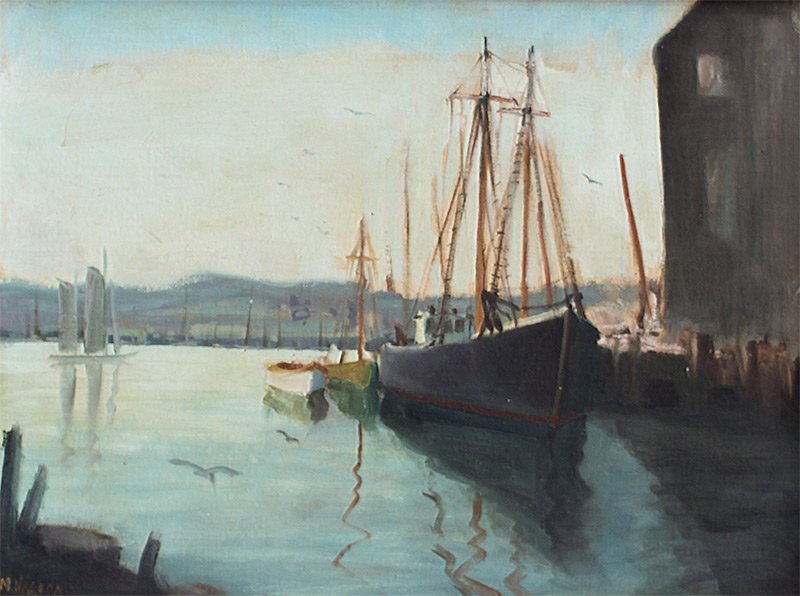 MAY NELSON GLOUCESTER DOCKSIDE PAINTING: NELSON, May A., (American, 20th Century): Gloucester, Oil/Canvasboard, 12" x 16", signed lower left, 1948 Norwich Exhibition Label affixed verso, framed, 15.5" x 19.5".