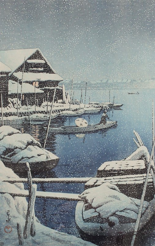 HASUI WOODBLOCK SNOW AT MUKOJIMA: HASUI, Kawase, (Japanese, 1883-1957): "Snow at Mukojima", Woodblock, 15.5" x 10.5", Watanabe 6mm seal, framed, 19.75" x 14.25".