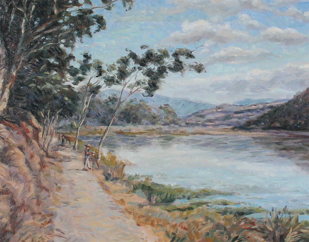 SALLY JORDAN BATIQUITOS LAGOON PAINTING: JORDAN, Sally, (American, 20th century): Batiquitos Lagoon, Oil/Canvas, 16" x 20", framed, 26" x 30", Robin Wright Gallery COA affixed verso.