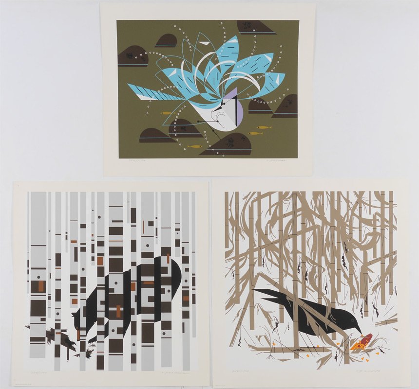 3 CHARLEY HARPER SERIGRAPHS: HARPER, Charley, (American, 1922-2007): 3 PC unframed Serigraph Lot 1) "Crow in the Snow", image size 23" x 24", pencil signed and numbered edition of 500 printed in 1974; 2) "Bear in the Birches", 20