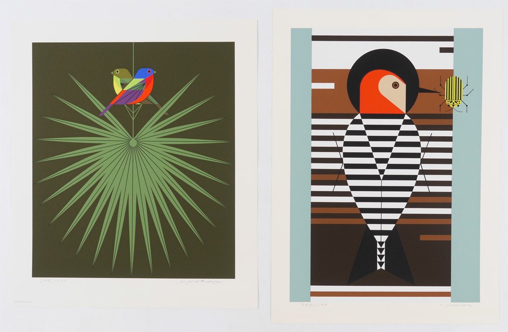 2 CHARLEY HARPER SERIGRAPHS: HARPER, Charley, (American, 1922-2007): 2 unframed serigraphs; 1)"Flamboyant Feathers", (Painted Bunting), 17" x 20", signed and numbered edition of 1500, printed in 1974; 2) "Baffling Belly", (Red-Be