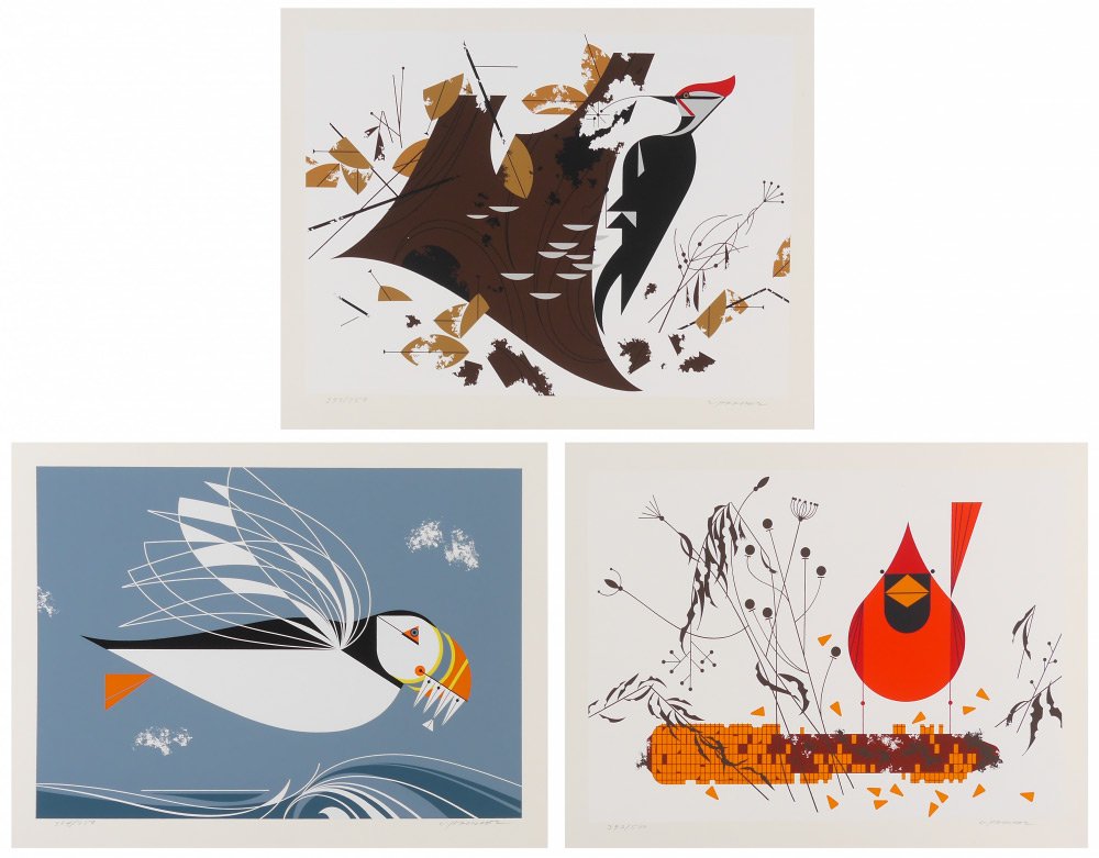 3 UNFRAMED CHARLEY HARPER SERIGRAPHS: HARPER, Charley, (American, 1922-2007): 3 unframed Serigraphs; 1) "Antypasto" (Pileated Woodpecker), 15" x 21", signed and numbered edition of 750, printed in 1970, 2) "The Name is Puffin", 16" x 21",