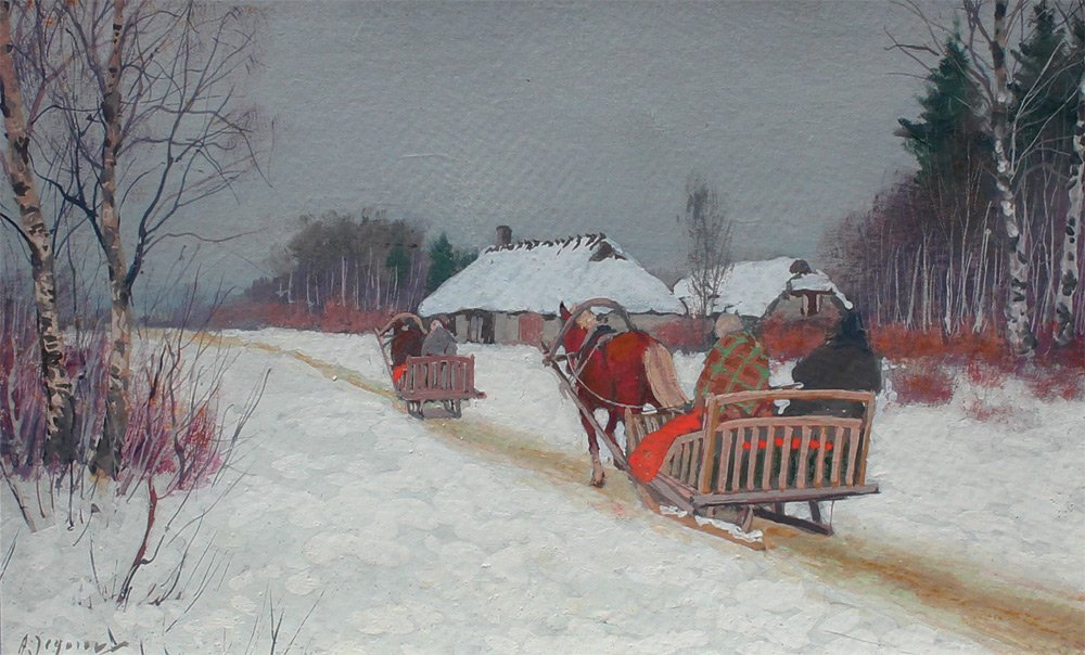 ANDREI EGOROV WINTER SLEIGH PAINTING: EGOROV, Andrei, (Russian, 1878-1954): Two Sleighs Traveling Along a Snowy Country Path, Gouache, sight size 8" x 13", signed lower left, fine customer framing, 15" x 20". Egorov's work has been sold a