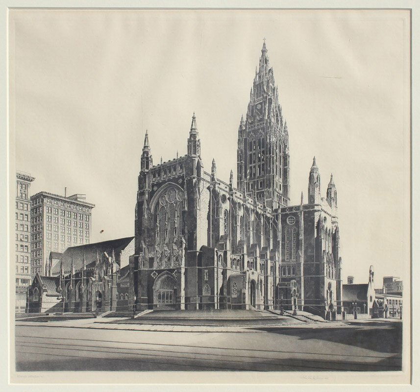 JOHN TAYLOR ARMS ETCHING: ARMS, John Taylor, (American, 1887-1953): "Gothic Magic", (East Liberty Presbyterian Church, Pittsburgh), Etching and Aquatint, sight size 16.25" x 18.25", pencil signed lower right and dated 1941, ma