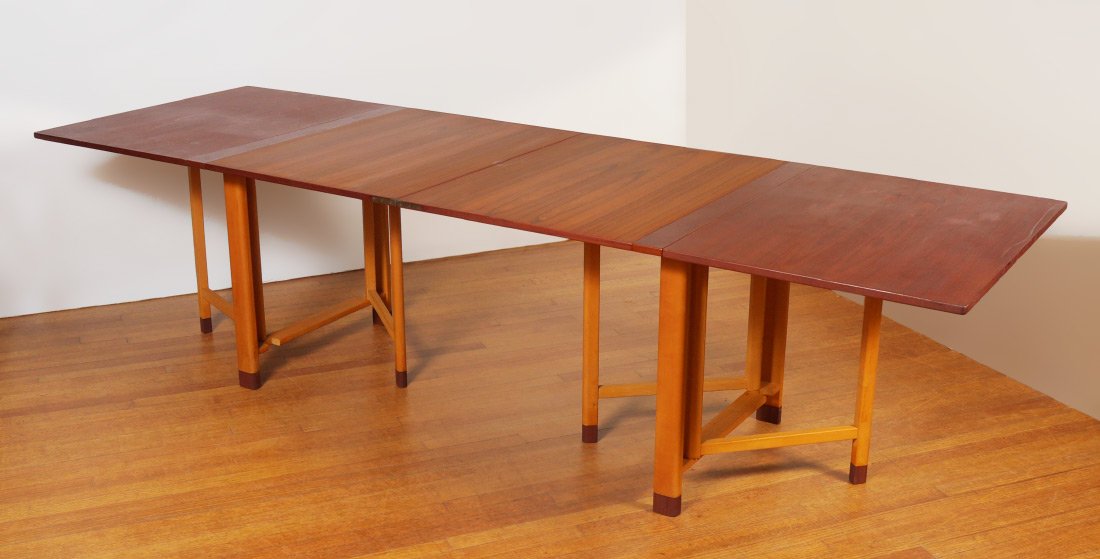 TEAK BRUNO MATHSSON MARIA FOLDING TABLE: TEAK BRUNO MATHSSON MARIA FOLDING TABLE: Versatile table which can be configured in multiple positions, teak top, circa 1930's, marked inside top locking rail "Firma Karl Mathsson, Made-In-Varnamo-Swe