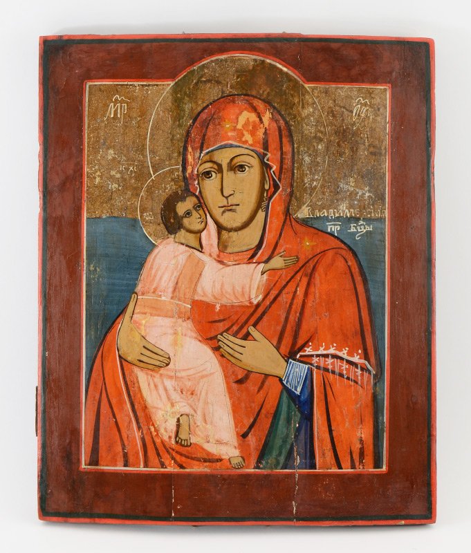 EARLY ICON OF VIRGIN MARY AND CHRIST: EARLY ICON OF VIRGIN MARY AND CHRIST: 15.5" x 12.25", cradled panel, unframed.