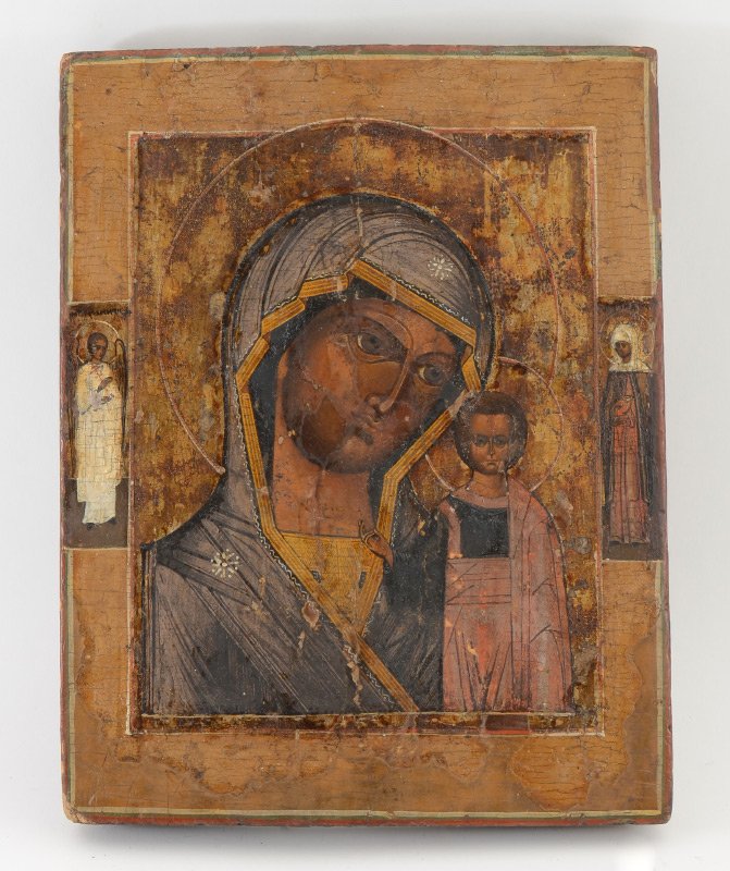EARLY ICON OF MADONNA AND CHRIST CHILD: EARLY ICON OF MADONNA AND CHRIST CHILD: Oil on Bowed Wood Panel, 13.25" x 10.25".