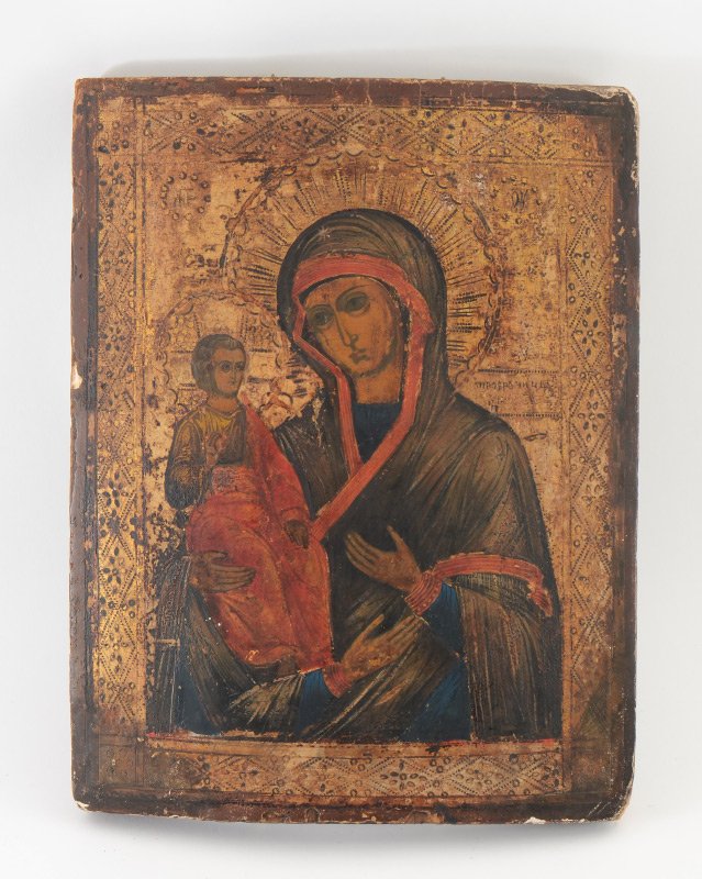 ICON OF THREE HANDED VIRGIN AND INFANT CHRIST: ICON OF THREE HANDED VIRGIN AND INFANT CHRIST: Oil/Cradled Panel, 13 3/8" x 10", circa 19th century.