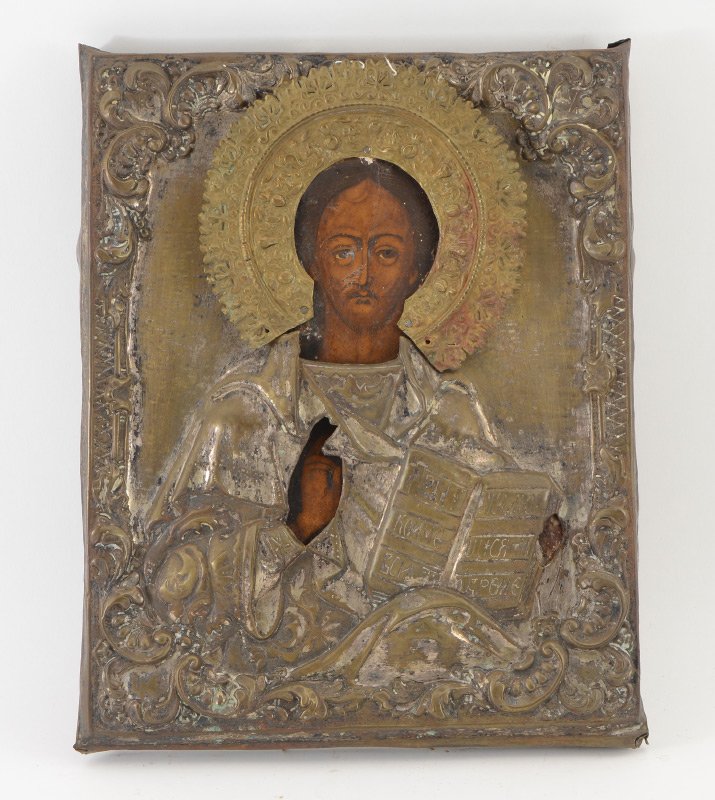 EARLY ICON OF CHRIST: EARLY ICON OF CHRIST: Oil/Cradled Wood Panel with silver plated oklad, 12.5" x 9.5", circa 19th century.