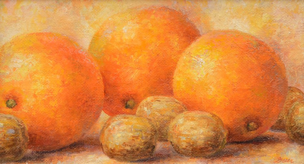 MILFORD GREER ORANGES AND WALNUTS PAINTING: GREER, Milford, (American, 1926-1971): "Oranges and Walnuts", Oil/Canvas/Masonite, 5" x 8.5", signed lower right, titled and dated 1966 verso, framed, 7.25" x 11".