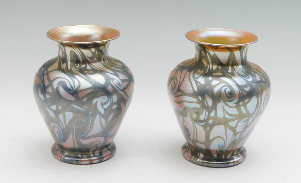 2 DURAND KING TUT ART GLASS VASES: 2 DURAND KING TUT ART GLASS VASES: Baluster form, unsigned attribution, iridescent interior, 6 1/4'' h. x 4 1/2''.
