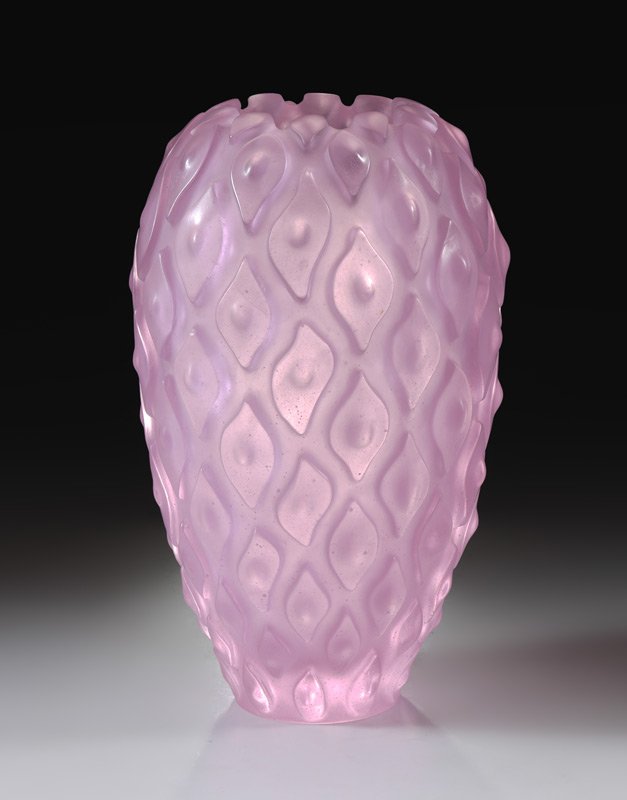LARGE DAUM FRANCE ART GLASS VASE: LARGE DAUM FRANCE ART GLASS VASE: Heavy cast pink frosted patterned glass vase marked on base Daum France, 25/125, and illegibly signed Christian ??? Measures 12 3/4'' h. x 7''.