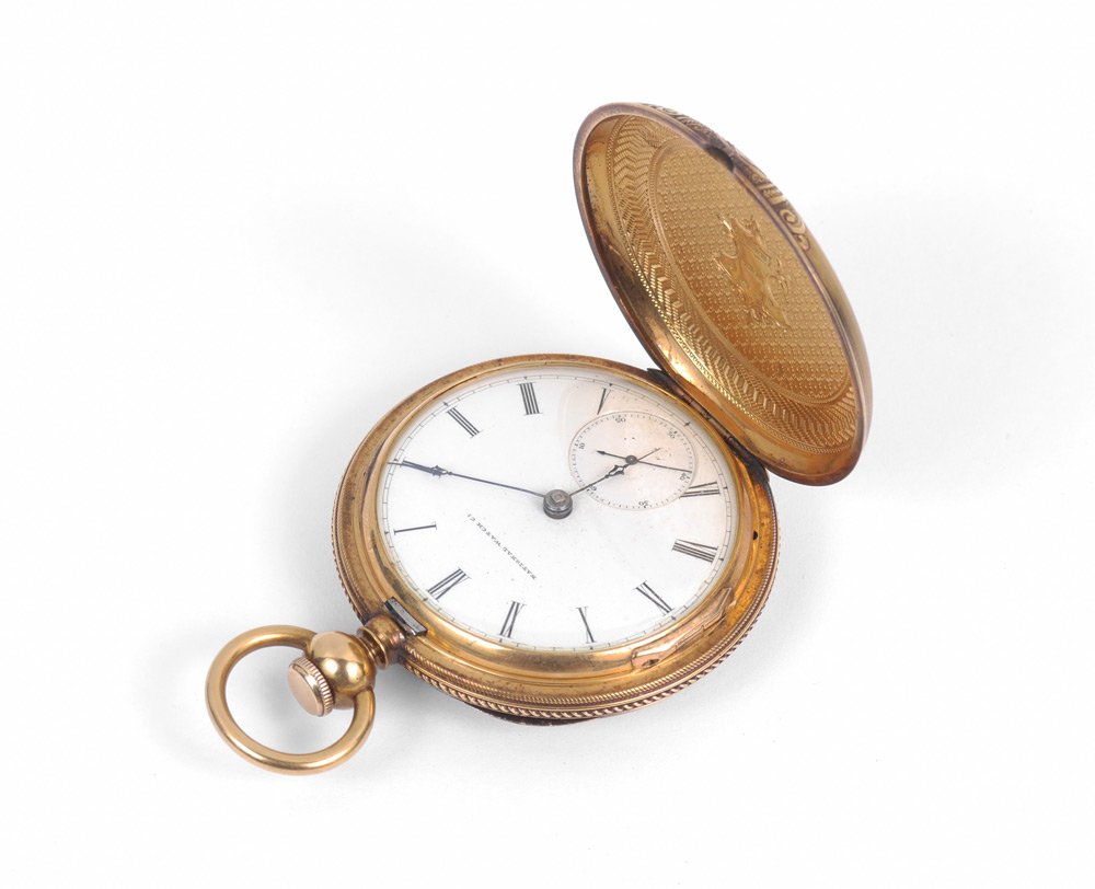 18K 1867 ELGIN B. W. RAYMOND POCKET WATCH: 18K GOLD 1867 ELGIN B. W. RAYMOND POCKET WATCH: Serial number 19663, dates to 1867, grade 69, size 18, 15 jewel movement, marked on movement with B. W. Raymond. Dial marked National Watch Co., 18k M &