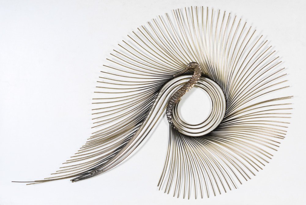 LARGE CURTIS JERE PEACOCK SCULPTURE WALL HANGING: LARGE CURTIS JERE PEACOCK SCULPTURE WALL HANGING: Signed Copyright, C. Jere, 1987, measures 39 1/2" x 55". Curtis Freiler and Jerry Fels created the nom de plume C. Jere by combining their names. The 