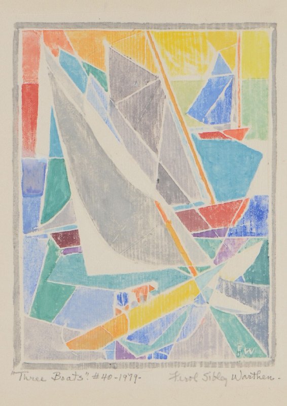 FEROL SIBLEY WARTHEN WOODCUT: WARTHEN, Ferol Sibley, (American, 1890-1986): "Three Boats", Woodcut, image size 7.25" x 5.25", paper size with margins 10.25" x 10.75", pencil signed lower right, titled lower left, marked #40, dated