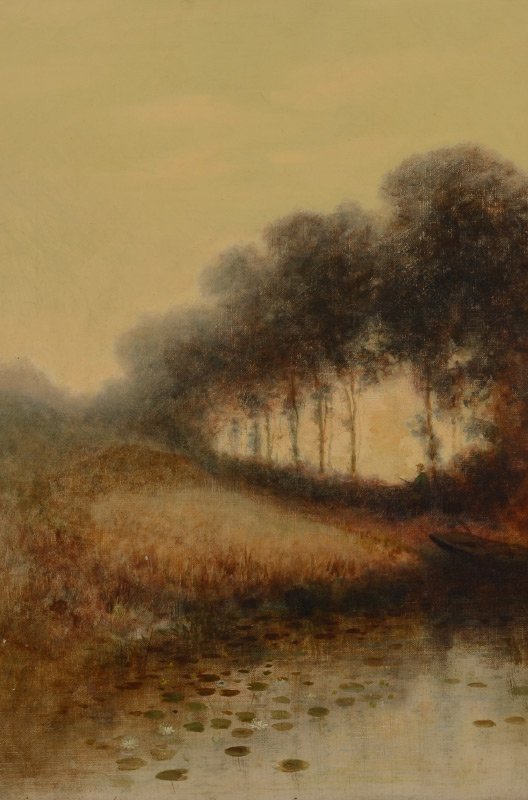JOHN Z. WOOD LANDSCAPE PAINTING: WOOD, John Z., (American, 1846-1919): "October", Hazy River Landscape, Oil/Canvas, 20" x 13.75", signed lower left, Rochester Art Club Exhibition Label 1925 verso, frame liner, 24.5" x 18.5". A founde
