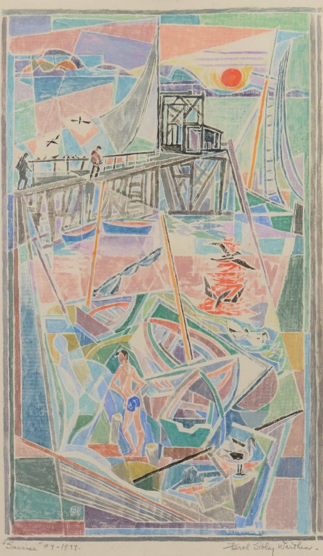 EXHIBITED FEROL SIBLEY WARTHEN WOODCUT "SUNRISE": WARTHEN, Ferol Sibley, (American, 1890-1986): "Sunrise", Woodcut, sight size 21" x 13", 24.5" x 15.25 with margins, pencil signed lower right, titled lower left and dated 1979, #4, exhibition label ve