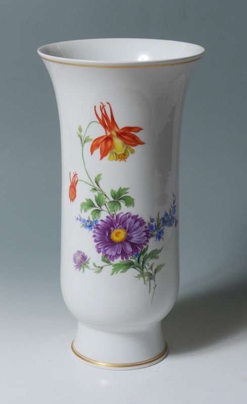 16" MEISSEN PORCELAIN VASE: 16" TALL MEISSEN PORCELAIN VASE: Hand painted floral design on pure white. Blue cross sword mark under glaze.