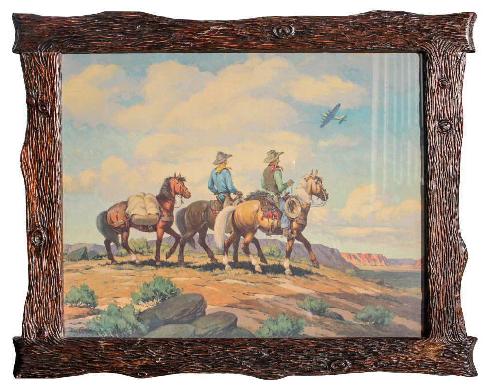 TIMPSON CREEK CUSTOM CARVED CABIN CHIC FRAME: TIMPSON CREEK GALLERY CUSTOM CARVED CABIN CHIC FRAME: 30" x 38" with midcentury chromo-lithographic cowboy scene. Inset measures 24" x 30".