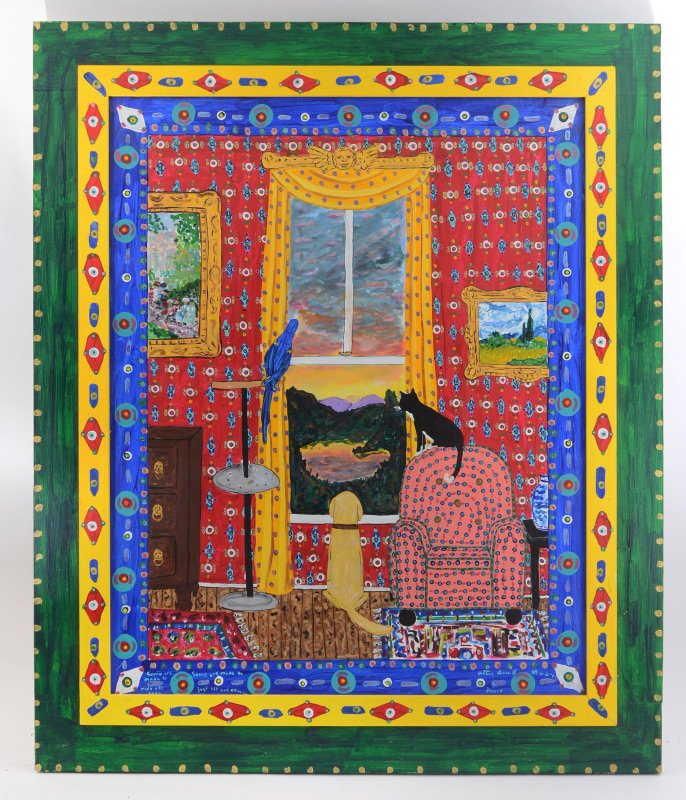 OTTIE DAVID VANCE FOLKART PAINTING: VANCE, Ottie David, (American, 20th - 21st century): "Some Are made to Ride Off Into, Some Are Made to Just Sit and Admire", Scene Depicts Pets Looking Out onto A Country Landscape with Sunset in A De
