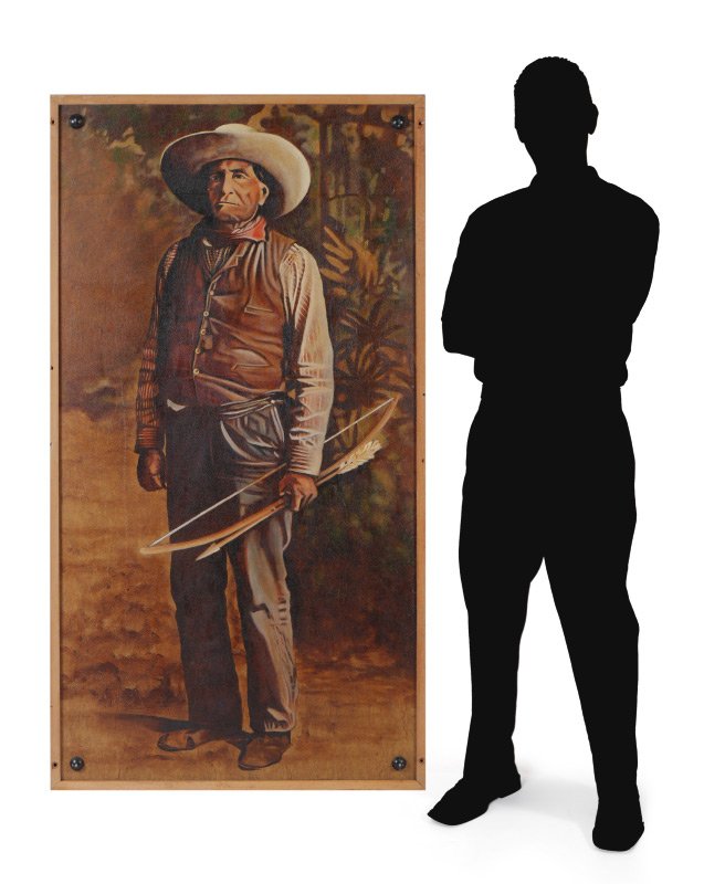 LIFE SIZE PAINTING OF SITTING BULL?: LIFE SIZE PAINTING OF SITTING BULL?: Oil/Board, Depicts an American Indian Wearing a Vest and Hat Holding a Bow and Arrow, 64" x 34",wood frame, 65.5" x 36".