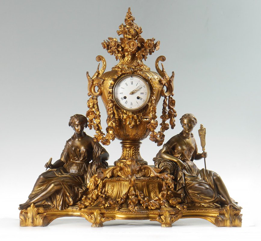 RAINGO FRERES FRENCH BRONZE FIGURAL CLOCK: RAINGO FRERES FRENCH BRONZE FIGURAL CLOCK: Gilt bronze body stamped H. Picard (Henri Picard, French 1840-1890) and stamped 1064 in several locations. 2 figural seated maidens sit either side of floral