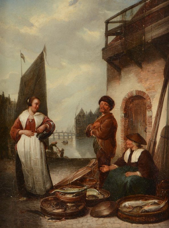 19TH C CONTINENTAL SCHOOL FISH MARKET PAINTING: 19TH C CONTINENTAL SCHOOL FISH MARKET PAINTING: Oil/Canvas, 19.75" x 15.5", no visible signature. Scene Depicts Young Woman Haggling with Fishmongers Along the Docks. Heavy carved, foliate motif perio
