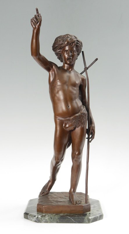 PAUL DUBOIS BRONZE OF JOHN THE BAPTIST: DUBOIS, Paul, (French, 1829-1905): John the Baptist, Bronze, 25'' ht, signed on base F. Barbedienne foundry mark, affixed to beveled marble plinth. Overall 26'' x 10.75'' x 10.75''. Although Dubois' f