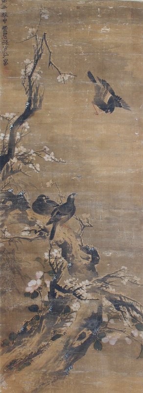 LARGE MING DYNASTY PAINTING OF BIRDS AND FLOWERS: LARGE MING DYNASTY PAINTING OF BIRDS AND FLOWERS: Watercolor/Silk Scroll, Birds on Blossoming Tree Branch, 48" x 19.5", signed in upper left corner, encased in gilded frame with bamboo accent, 65" x 2