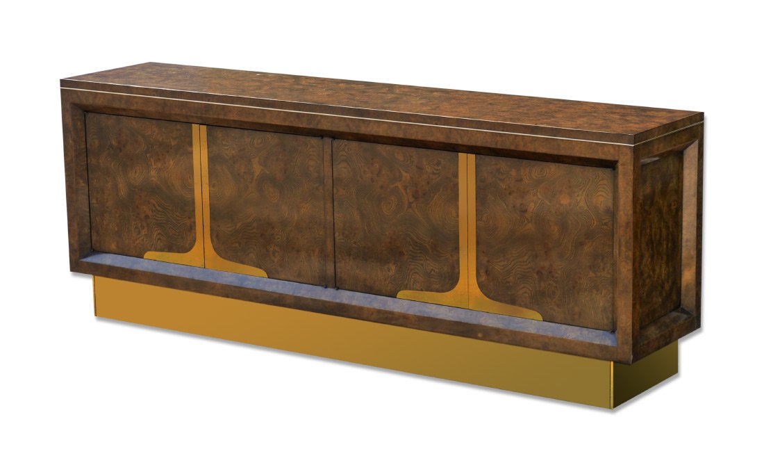 MASTERCRAFT BURL & BRASS CREDENZA: MASTERCRAFT BURL & BRASS CREDENZA: Top with banded inlay on burl veneer, brass trim. 4 doors with brass accents, left side opens to 3 drawers, right side with single shelf, brass clad base. Overall 32