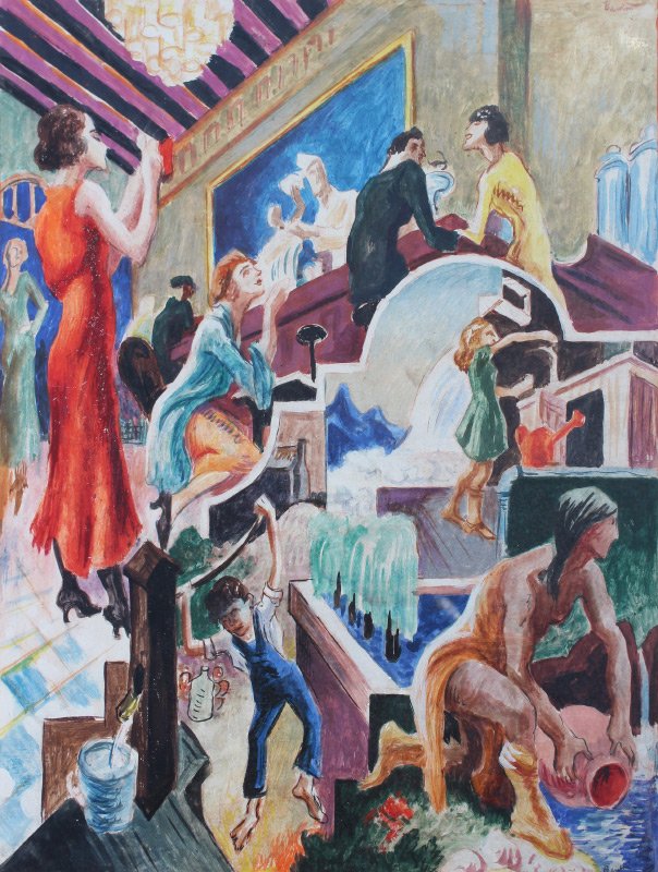 THOMAS HART BENTON ORIGINAL ''THE WATER STORY'': BENTON, Thomas Hart, (American, 1889-1975): "The Water Story", Tempera on Gessoed Panel, 17" x 14.5", Sketch of Large Scale Mural Commissioned for a Store called "Southern Drug" in Washington D.C. Sig