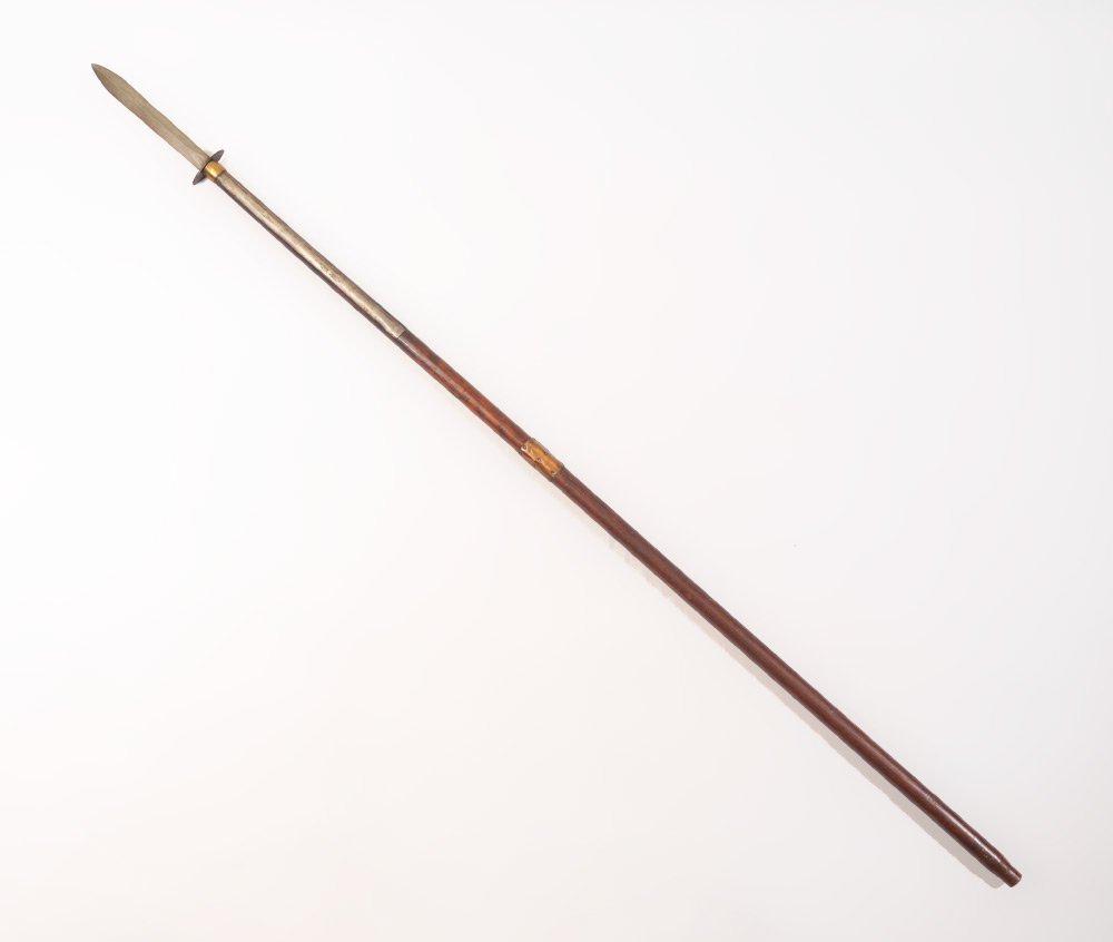 CIVIL WAR CONFEDERATE PIKE POLEARM: CIVIL WAR CONFEDERATE PIKE POLEARM: Civil War era pike, 12" blade, iron knuckleguard, brass collar, unmarked on blade or pole. Older copper and tacked repair on pole. Overall measures 87 3/4" long x 3