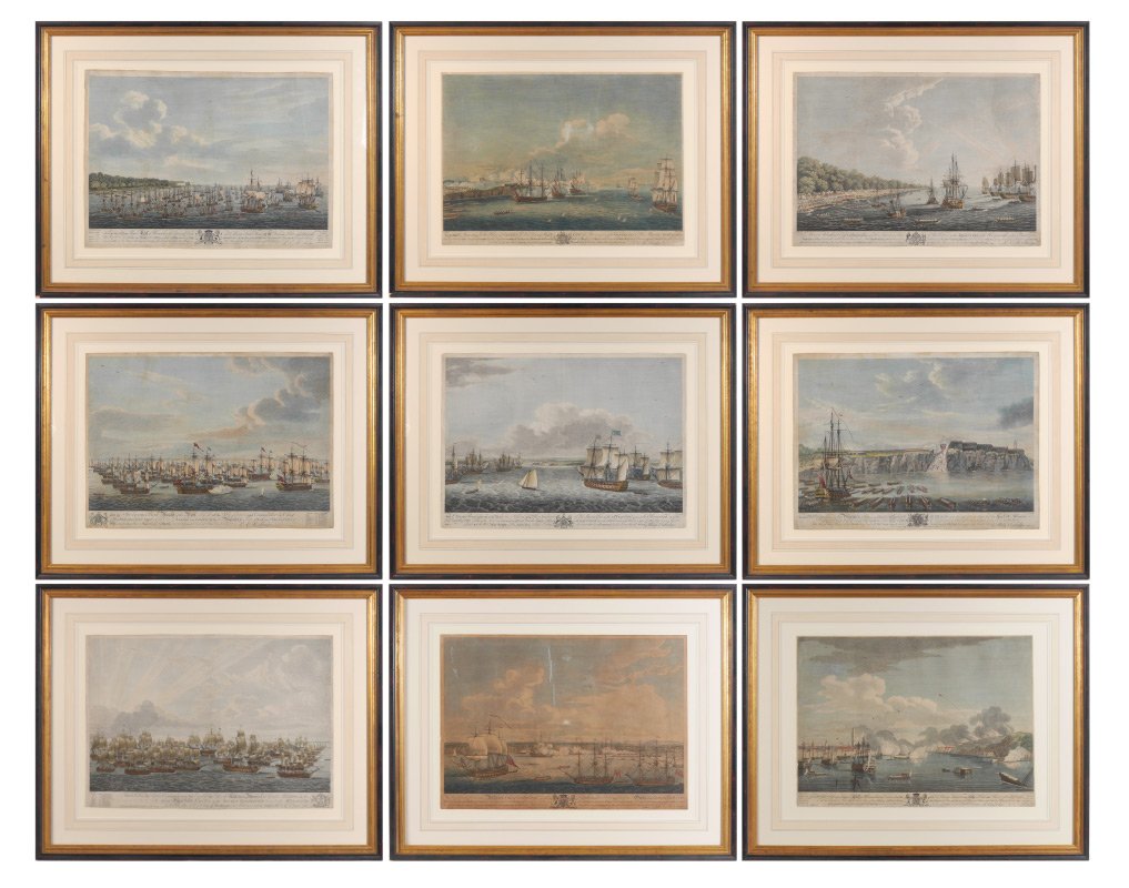 1762 DOMONIC SERRES BATTLE OF HAVANA ENGRAVINGS: SERRES, Dominic, (French, 1722-1793): 9 engraved prints from a series of 12 depicting the 1762 Battel of Havana, part of the 7 years war. Havana, Cuba was under siege and attack from the British from 