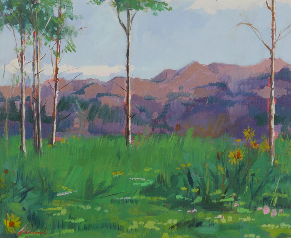 PLEIN AIR MEADOW PAINTING BY FAIRCLOUGH: FAIRCLOUGH, Wilfred, (English, 1907-96): Green Meadow with Dessert Plateau Landscape, Oil/Canvas, 16'' x 20'', signed lower left, contemporary impressionist style fine, gilded wood frame, 24.5'' x 28.