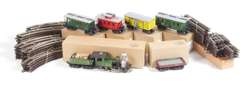 6 PIECE ETS-PRAHA MODEL TRAINS WITH TRACKS: 6 PIECE ETS-PRAHA MODEL TRAINS WITH TRACKS: ''O'' gauge, all in original boxes to include 1) #173, 2-6-0 ''Victoria'' with Tender, Colorado & Southern. 2) #501, Baggage Car CSD Series Ddk. 3) #434, Ba