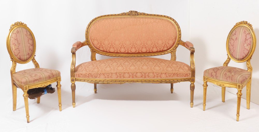 3 PIECE CARVED GILT FRENCH STYLE PARLOR SUITE: 3 PIECE CARVED GILT FRENCH STYLE PARLOR SUITE: 3 pieces total with carved gilt wood foliate and rope twist motif frames, patterned upholstery, to include 1) Settee, 39 1/2" h. x 51 1 /2" x 26". 2-3) S