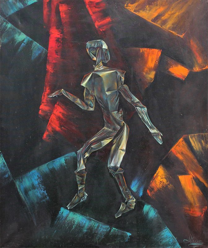 NATALIA ILLAINOWA RUSSIAN CUBIST PAINTING: ILLAINOWA, Natalia, (Russian, 20th Century): Cubist figure, Oil/ Canvas, 27.5" x 23.5", signed lower right, signed and titled in cyrillic verso. Wooden frame, 30.5" x 27".